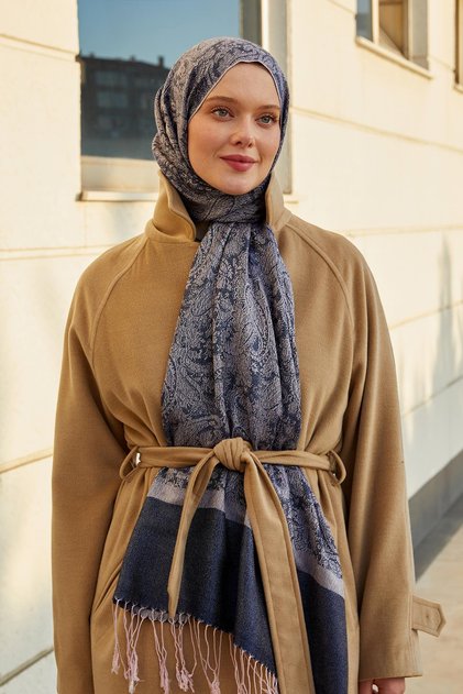 Ethnic Cashmere Silk Shawl with Powder Tassels