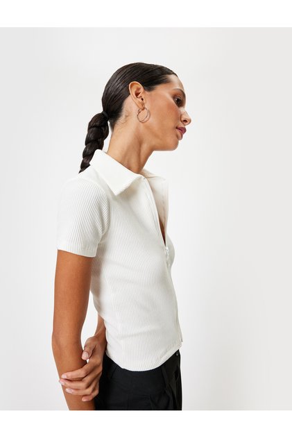 Polo Neck T-Shirt Half Zipper Textured Short Sleeve Cotton