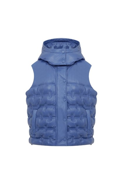 Anitra Blue Women's Hooded Puffer Leather Vest