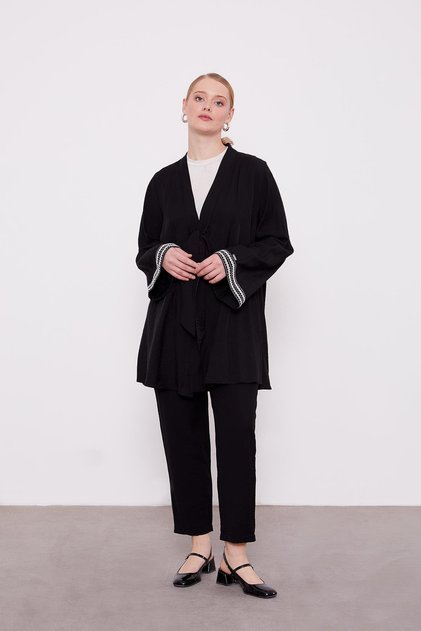 Black Embroidered Kimono Double Set