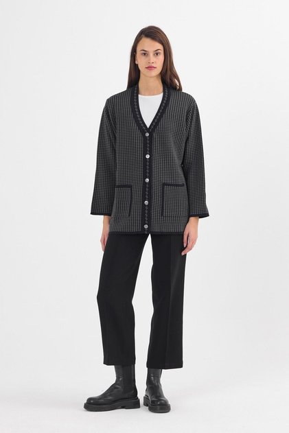 Women's Navy Blue Houndstooth Patterned Buttoned Pocket V-Neck Knitwear Mother Cardigan