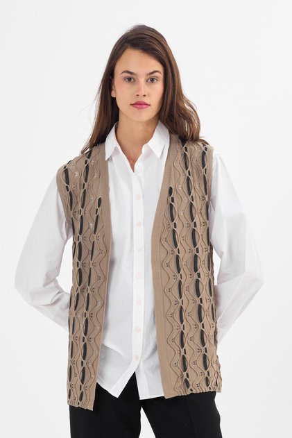 Women's Sand Silvery Twisted Patterned Seasonal Knitwear Vest