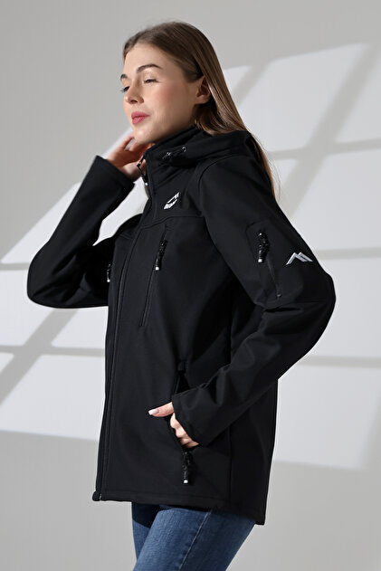 Kadın Su Geçirmeyen Kumaş İçi Polarlı Çıkartılabilen Kapüşonlu Softshell Mont Siyah