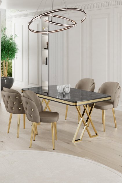 Rigel Serisi 80x130 Lak Panel Siyah Mermer Desen Masa Takımı Gold Ayaklı 4 Cappucino Sandalye