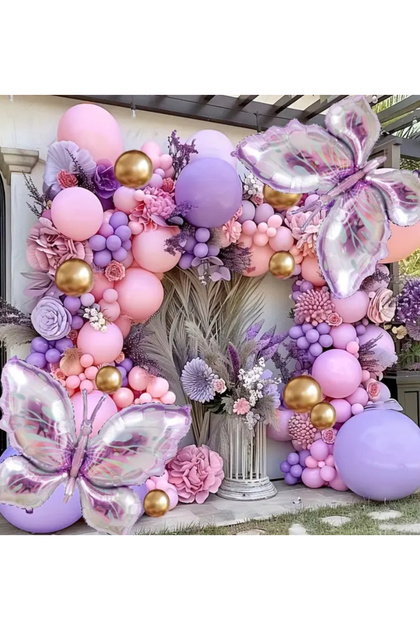 Pink Lilac Gold Chrome Balloon Chain Set 101 Pieces Including Butterfly Foil Balloon 1 Piece