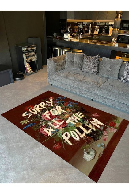 Ebru Collection Floral and Text Detailed Woven Base Modern Decorative Carpet Ebru52