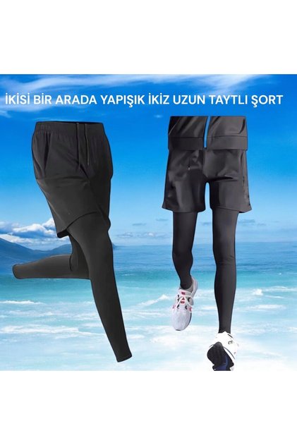 Erkek Taytlı Şort Fitness Basketbol Koşu Futbol 2'si 1 Arada Futbol Uzun Taytlı Şort Uzun Pantolon
