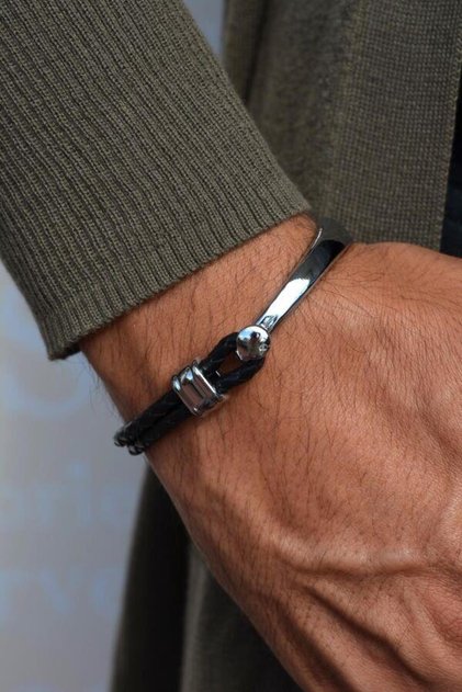Custom Design Leather and Steel Black and Silver Color Men's Bracelet