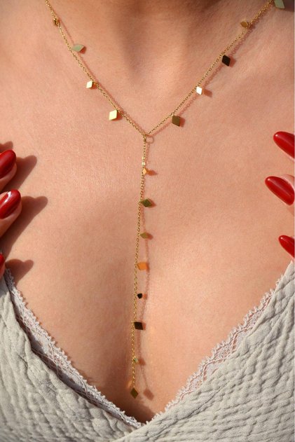 Steel Long Chain Necklace with Sequins Low-Cut Necklace Gold Color
