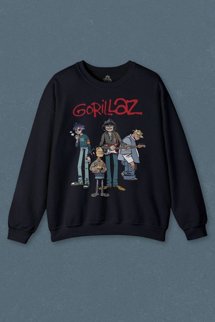 Navy Blue Sweatshirt Gorillaz 2D Rock Band Blur Damon Albarn Feel Good Printed Unisex Sweat