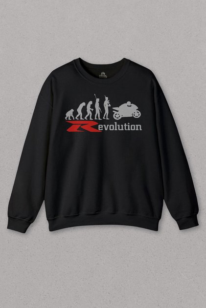 Unisex Black Sweatshirt Evolution Human Evolution Motorcycle Printed Sweat