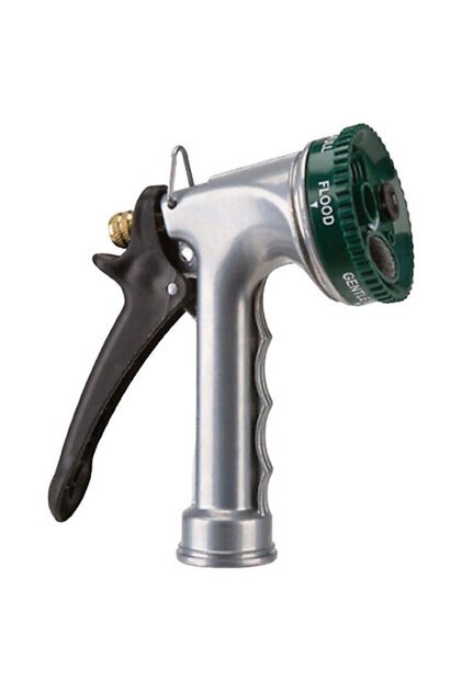 5-Pattern Metal Garden Hose Nozzle, adjustable spray from gentle to stronger settings, durable all-metal body, standard hose thread, for lawn, garden watering and outdoor cleanup