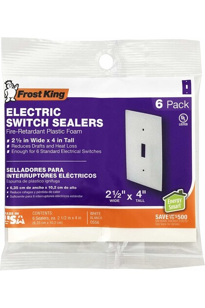 OSS6H Fire-Retardant Foam Electrical Switch Plate Sealers, 2-1/2 in x 4 in, White, 6-Pack, Reduces Drafts and Heat Loss, Fits Standard Switch Plates, UL-Listed, Hidden Behind Plate