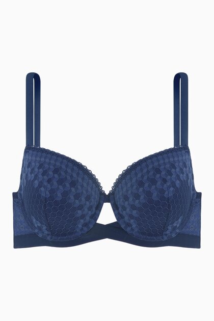 Lace Low-Cut Bra with Cross Rubber Detail - Padded - Fashion - 2511 - Blue