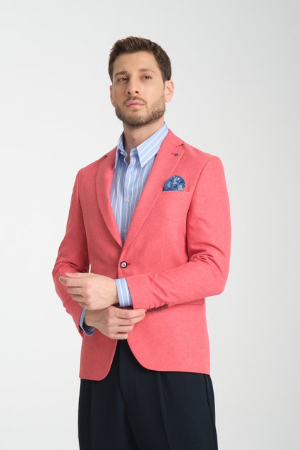 Icardi Men's Red Textured Fabric Mono Collar Slim Fit Sports Blazer Jacket