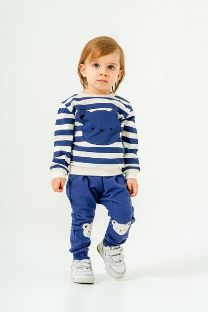 Striped Bear Printed Seasonal Long Sleeve Cycling Collar Bottom 3-6-9-12-18 Months Baby Boy Set