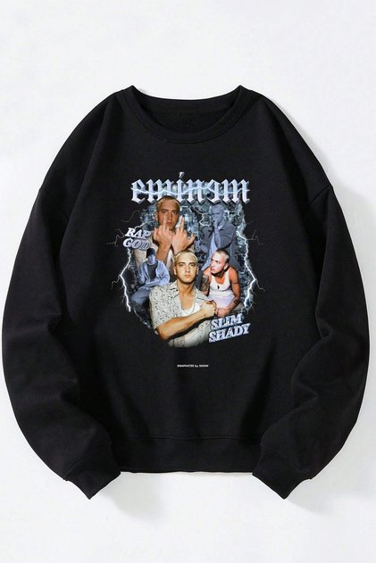 Eminem Rap God Blue Printed Women/Men Black Crew Neck Cotton Sweatshirt