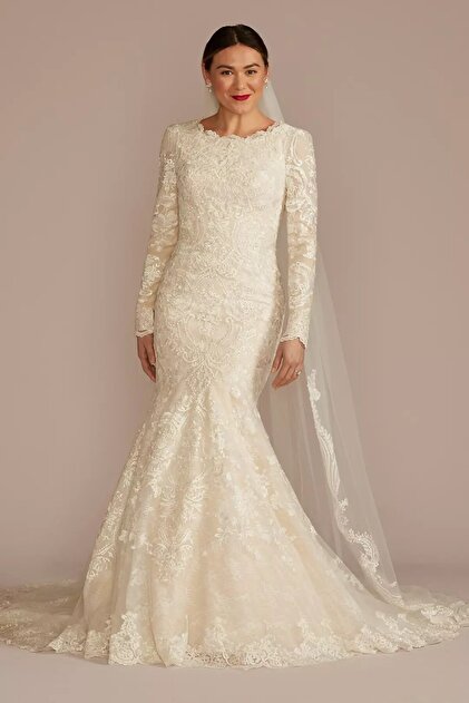 oleg cassini long sleeve wedding dress Oleg Cassini Long Sleeve Lace Fish Model Wedding Dress Mslcwg966- Trendyol