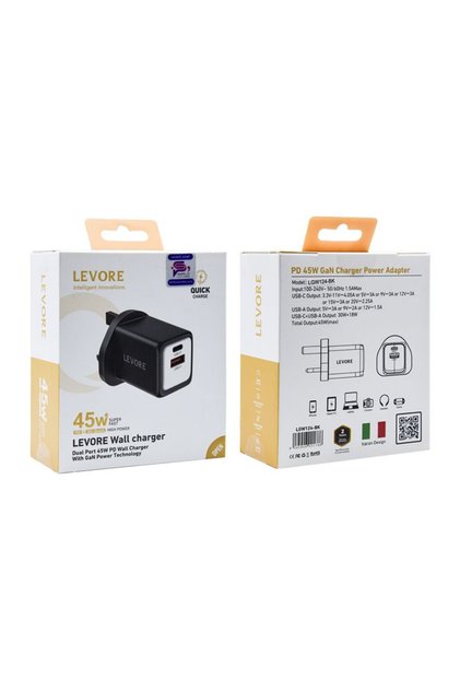 Wall Charger Super Fast With GaN USB-C Port and USB Port 45W - Black