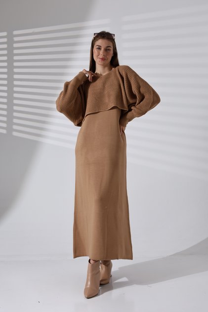 Boat Neck Bat Sleeve Thessaloniki Knitted Short Sweater U-Neck Loose Ankle-Length Dress Two-Piece Knitwear Set