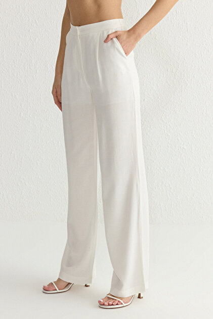 Trendyolmilla Beyaz Keten Görünümlü Wide Leg/Geniş Paça Dokuma