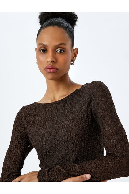 Slim Fit Long Sleeve Boat Neck Textured T-Shirt