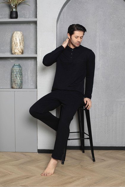 Men's Buttoned Collar 100% Cotton Seasonal Knitted Combed Cotton Long Sleeve Pajamas Set