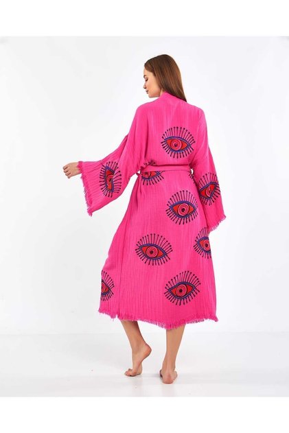Muslin Kimono 100% Cotton Eye Patterned Bathrobe Kaftan Dressing Gown Fuchsia