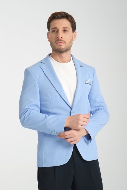 Bortolo Men's Ice Blue Knitted Stretching Lycra Mono Collar Slim Fit Sports Blazer Jacket