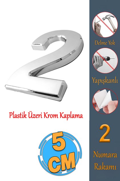 Yapışkanlı Numara 2 Rakam İki Sayısı Kapı Numarası Küçük Boy 50 mm 5 cm Krom Renk Numaralar 1 Adet