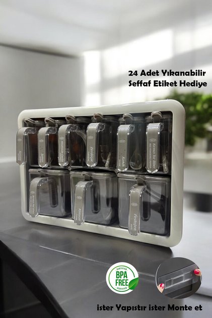 Standlı 9lu Baharatlık Takımı Kendinden Yapışkanlı Etiketli Kaşıklı Ve Kapaklı Baharatlık Gri