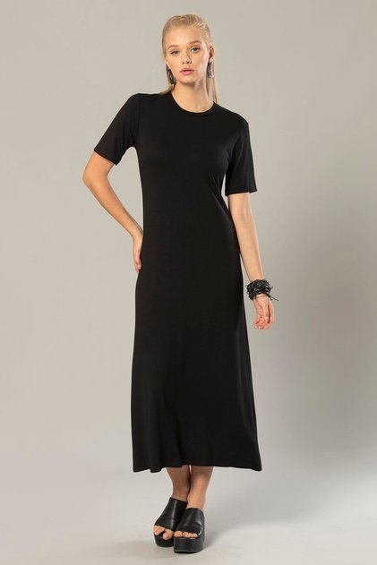 Black Women's Viscose Short Sleeve Long Dress 230