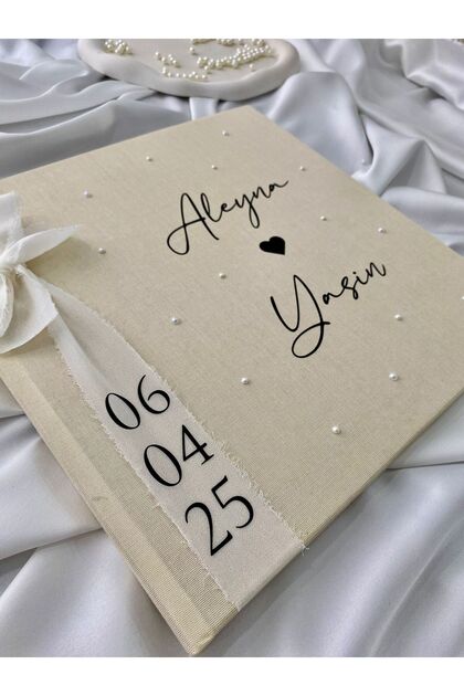 Keten Kurdeleli̇ Ve İnci̇li̇ İsme Özel Krem Renk Anı Defteri, Premium Nikah Nişan Düğün Defteri