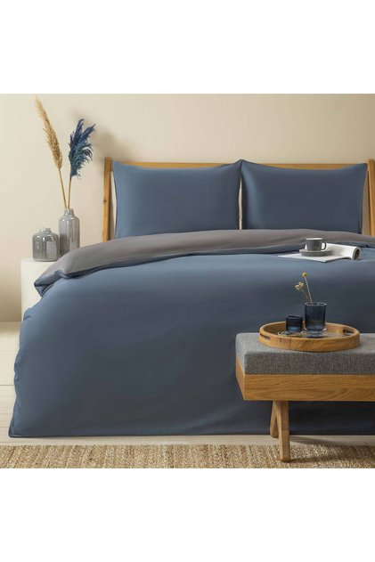 Bettıe 100% Cotton King Size Duvet Cover Set 230X220 cm Blue/Dark Gray