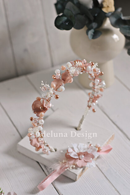 Handmade Salmon Rose Crystal and Pearl Stone Mother Baby Crown Set | Maternity Crown, Delivery and Hospital Exit Accessory