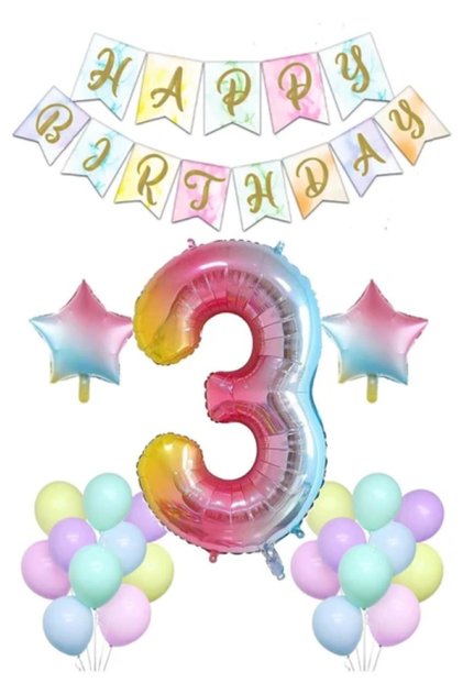 Rainbow Concept 3 Year Old Birthday Party Celebration Set Number and Star Foil Banner and Macaron Balloon