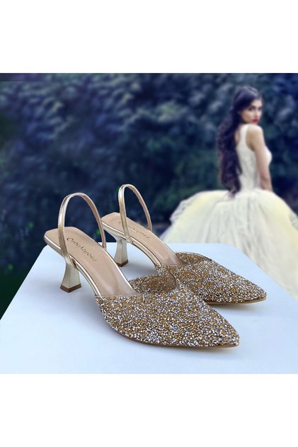 Gold Glass Stone 6 cm Heel Shoes 01210