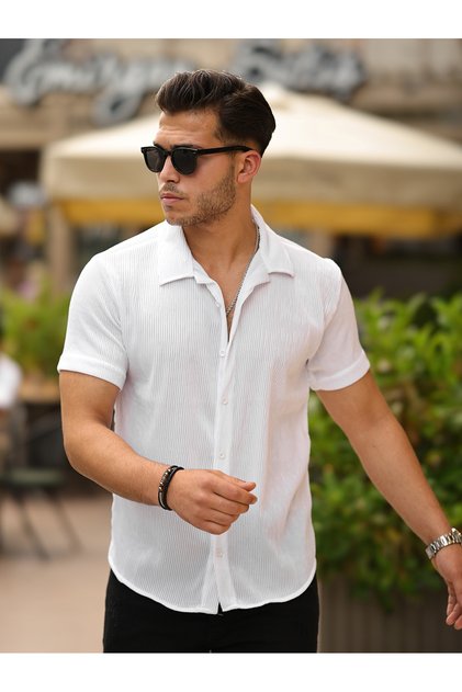 Men's Summer Lycra Slim Fit Shirt Collar Short Sleeve Shirt