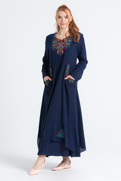 Long Sleeve Shile Cloth Embroidered Antique Long Hijab Authentic Dress Navy Blue Lcvt