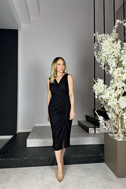 gesmoda G0909 Drape Detailed Glitter Evening Dress Black- Trendyol gesmoda G0909 Drape Detailed Glitter Evening Dress Black- Trendyol
