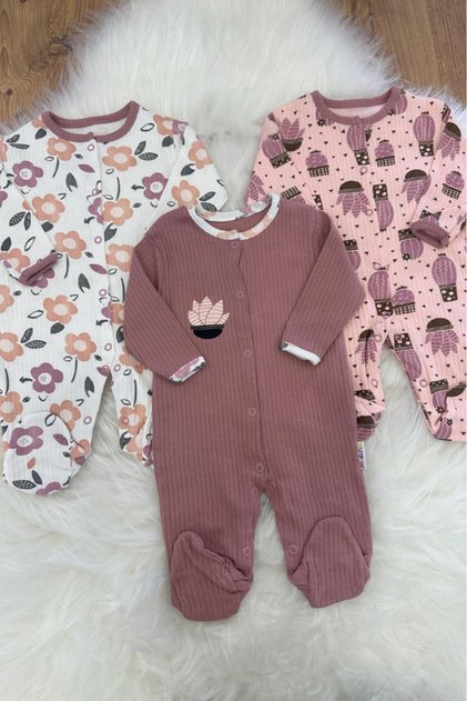 100% Cotton Animal - Fruit - Sea Patterned 3-Piece Booties Jumpsuit (Girl - Boy - Newborn)