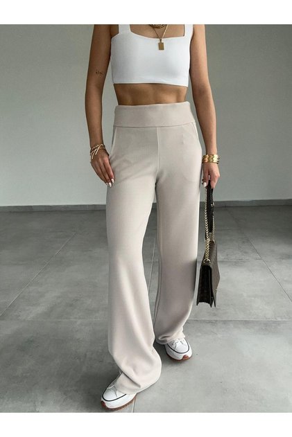 Pocketed Side Hidden Zipper Lycra Wide Leg Trousers, 4 Seasons, Women's Trousers