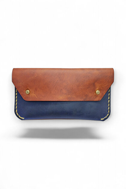 Genuine Leather Cognac/Blue Unisex Handmade Small Handbag