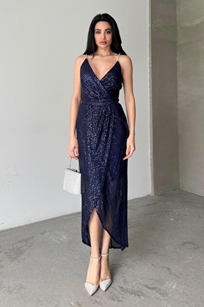 sachin and babi light blue dress MC11345 Tie Back Gown - Sequin Navy Dress