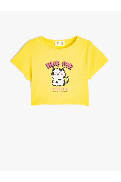 Crew Neck Short Sleeve Kitten Print Yellow Girl's T-Shirt 5Skg10252Ak