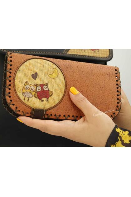 Large Wallet with Owl Figure Ethnic Bohemian Retro Vintage Style - Taba
