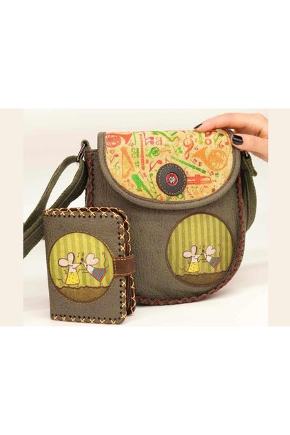 Green and Wallet Green Combination - Dancing Mouse Figured Design Cross Braided Shoulder Bag