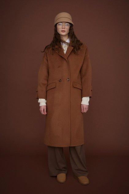 Oversize %100 Yün Kaban Kahve