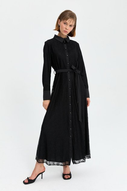 Shirt Collar Lace Dress Black