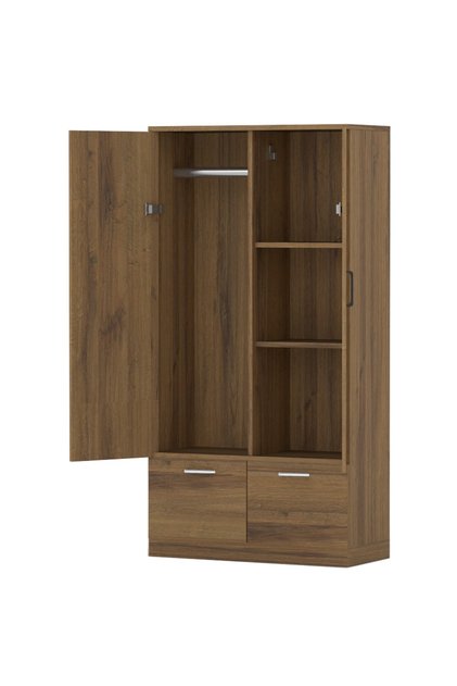 Wooden Wardrobe With 2 Doors, 2 Drawers, Hanging Rod And 2 Compartments - Cognac Brown Sherman Oak